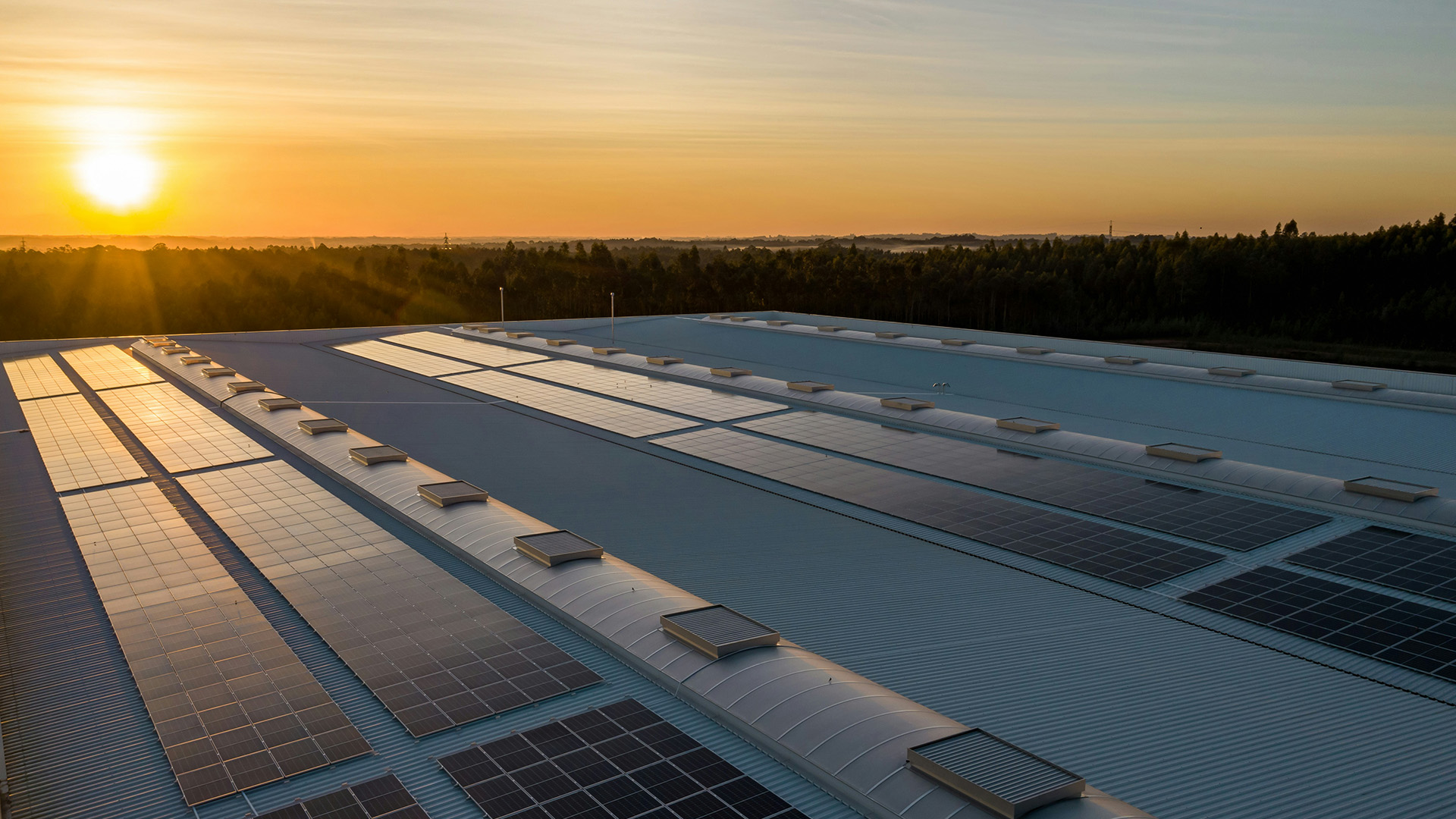 Photovoltaikanlage auf einem Dach im Sonnenuntergang